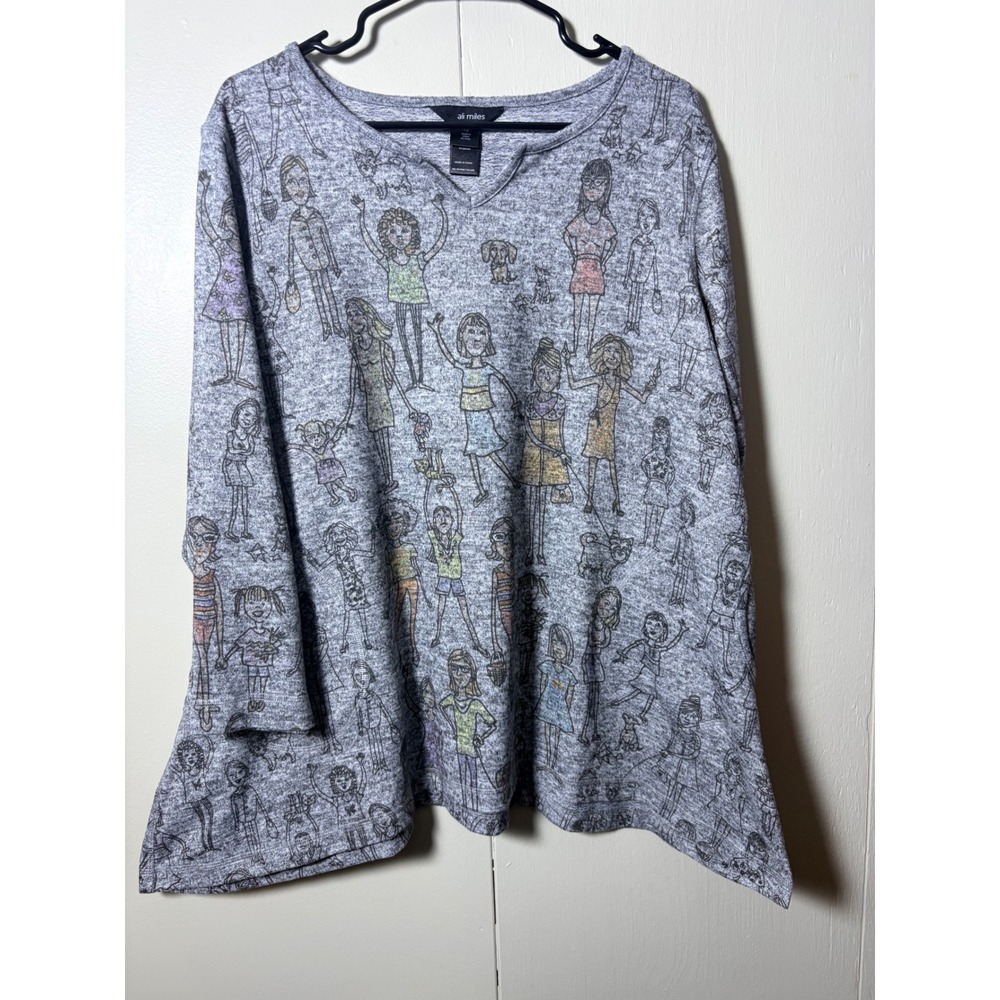 Ali Miles‎ 1X Gray Girl Power Novelty Print Tunic Pockets Long Sleeve Top Artsy